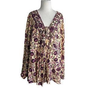 Torrid 3 3X Babydoll Rayon Crepe Embroidered Lace Up Tunic Top Pink Floral